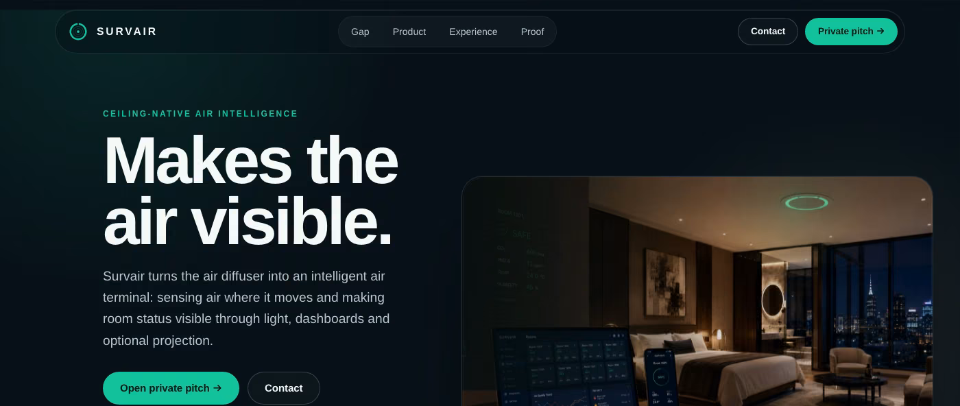 The survair home page, as built: the name, the headline and the product in a room.